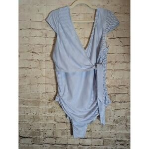 Old Navy Bathing Suit 2X One Piece Blue White Stripe Cap Sleeve Ruched Tie Front